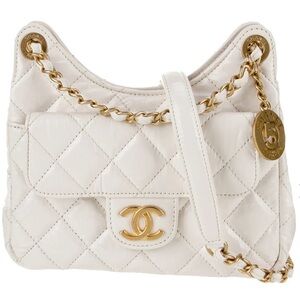 CHANEL 2024 Small Wavy CC Hobo Cream Quilted Shoulder Bag with Gold Accents